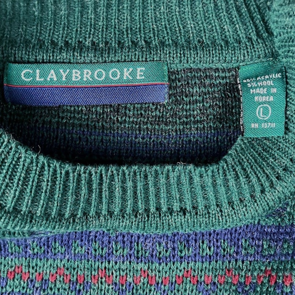 Claybrooke Vintage Mens Green Geometric Fair Isle Crewneck Sweater Size L Wool - Picture 2 of 9
